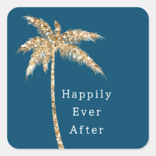 Blue Glam Gold Glitter Palm Tree Square Sticker