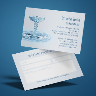 Blue Glass Caduceus Water Waves Notes Box Medical Appointment Card