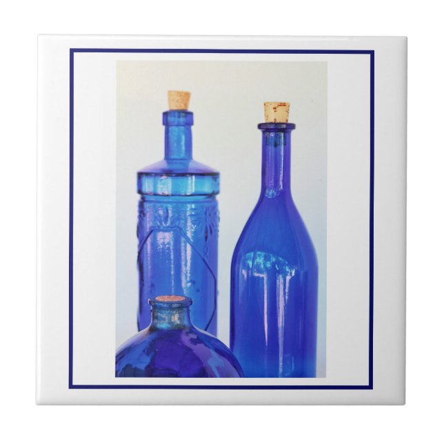 Blue Glass Corked Lined Up Bottles Ceramic Tile (Front)