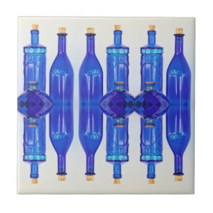 Blue Glass Corked Lined Up Bottles Ceramic Tile