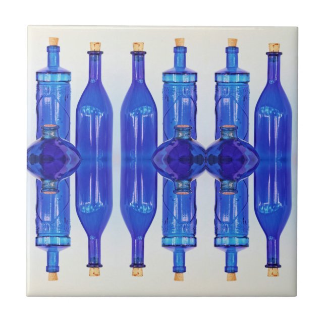 Blue Glass Corked Lined Up Bottles Ceramic Tile (Front)