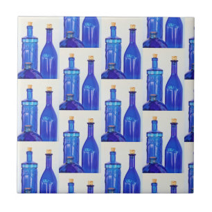 Blue Glass Corked Lined Up Bottles Ceramic Tile