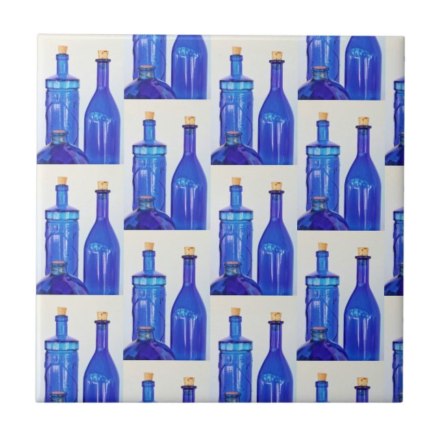 Blue Glass Corked Lined Up Bottles Ceramic Tile (Front)