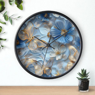 Blue Glass Golden Butterflies On Flower 3D Art Clock