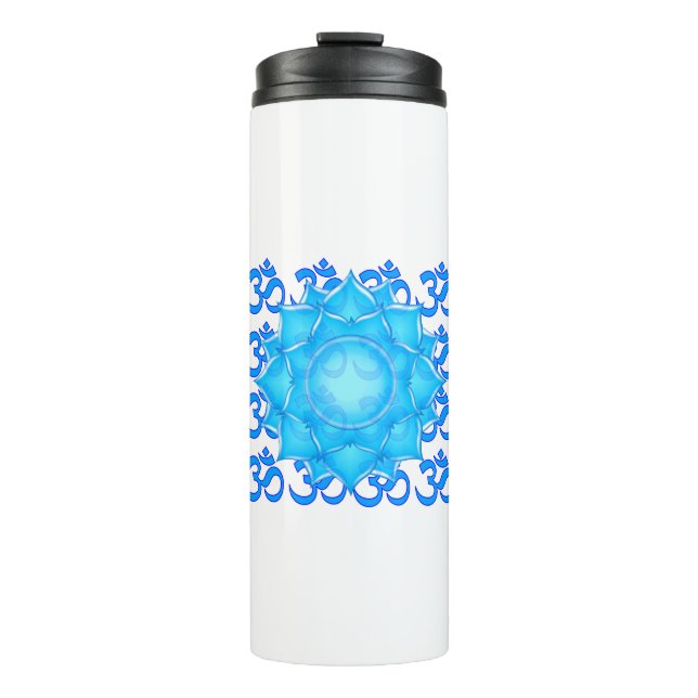 Blue Glass Lotus Flower Drawing With Om Pattern Thermal Tumbler (Front)