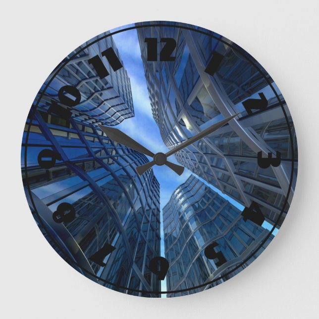 Blue Glass Skyscrapers Futuristic Urban Large Clock (Front)