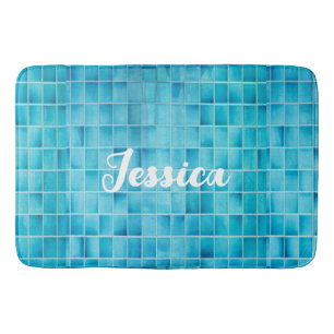 Blue glass tile blocks mosaic bath mat