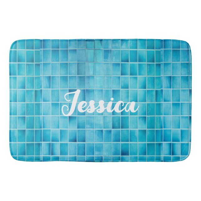 Blue glass tile blocks mosaic bath mat (Front)