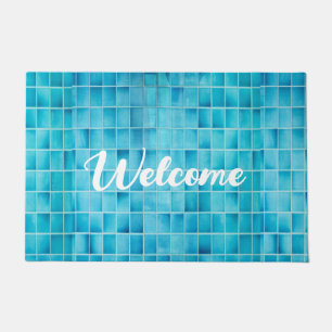 Blue glass tile blocks mosaic doormat