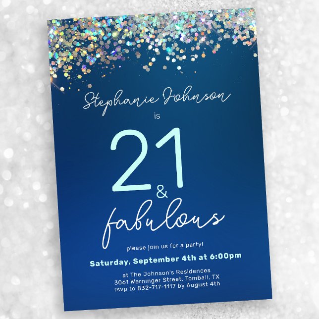 Blue Glitter 21 and Fabulous 21st Birthday Party Invitation (Mock-up view)