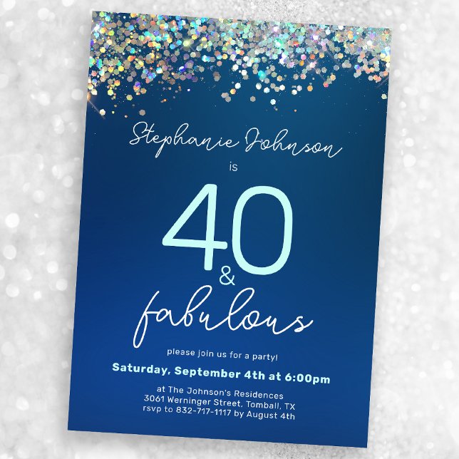 Blue Glitter 40 and Fabulous 40th Birthday Party Invitation (Mock-up view)