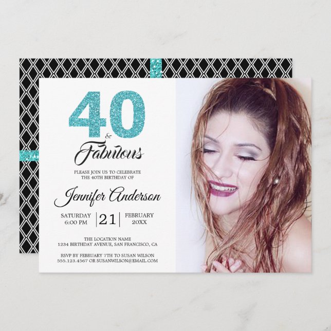 Blue Glitter 40 and Fabulous 40th Birthday Photo Invitation (Front/Back)