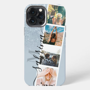 Blue glitter 4 photo grid collage name monogram iPhone 13 pro max case