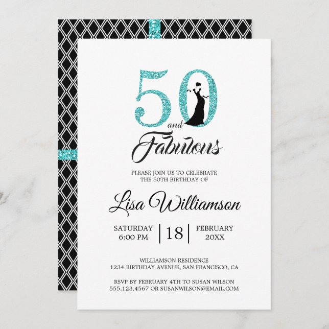 Blue Glitter 50 Fabulous | 50th Birthday Party Invitation (Front/Back)