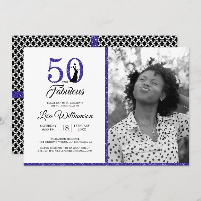 Blue Glitter 50 Fabulous 50th Birthday Party Photo Invitation (Front/Back)