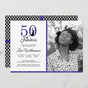 Blue Glitter 50 Fabulous 50th Birthday Party Photo Invitation
