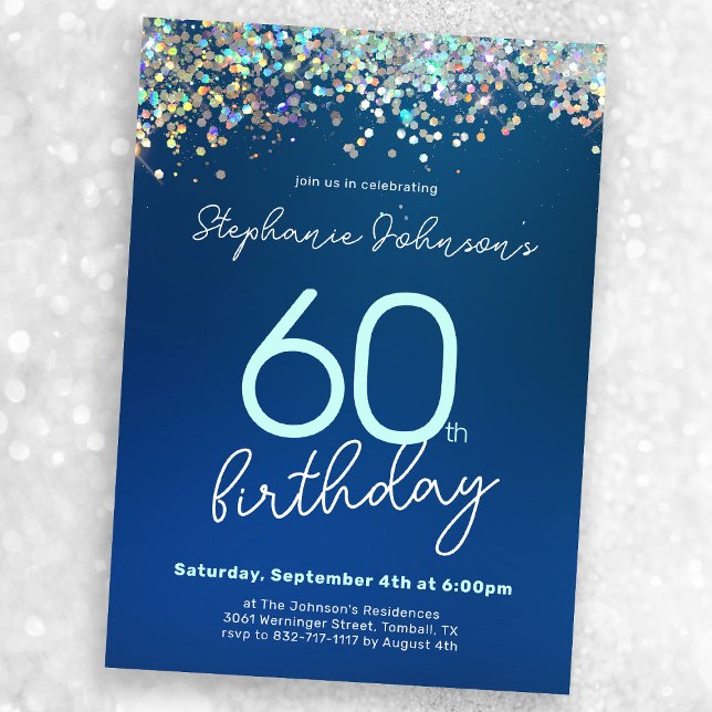 Blue Glitter 60th Birthday Party Invitation (Mock-up view)