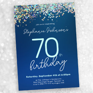Blue Glitter 70th Birthday Party Invitation