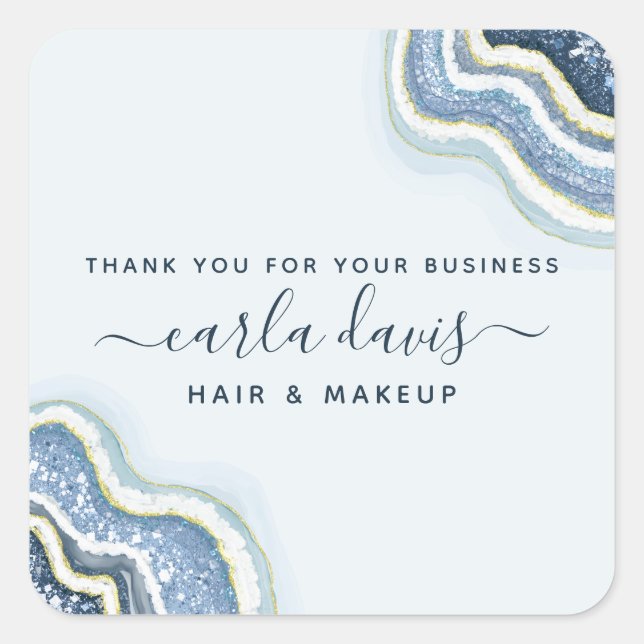 Blue Glitter Agate Geode Luxe Business Thank You Square Sticker (Front)