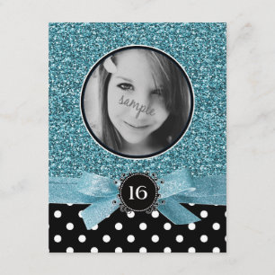 Blue Glitter and BW Polkadots Photo Sweet 16 Invitation