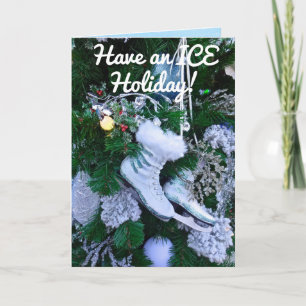 Blue Glitter and Fur Ice Skates on Christmas Tree Card