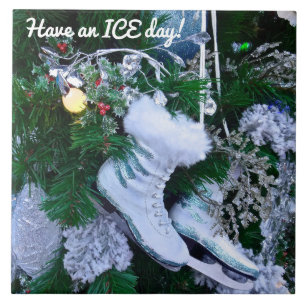 Blue Glitter and Fur Ice Skates on Christmas Tree Ceramic Tile