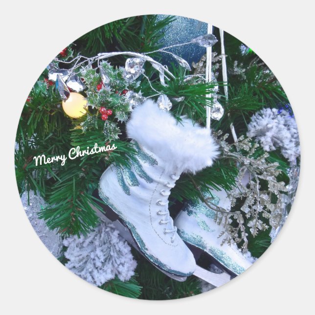 Blue Glitter and Fur Ice Skates on Christmas Tree Classic Round Sticker (Front)