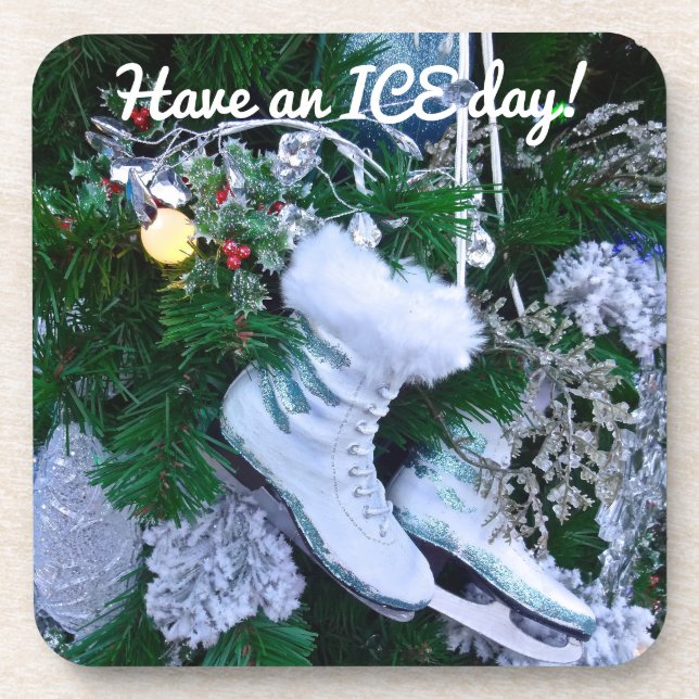 Blue Glitter and Fur Ice Skates on Christmas Tree Coaster (Front)