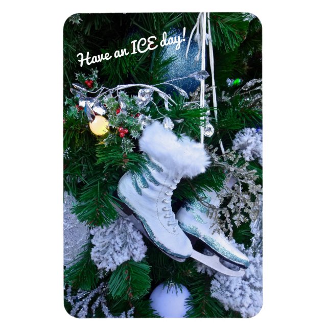 Blue Glitter and Fur Ice Skates on Christmas Tree Magnet (Vertical)