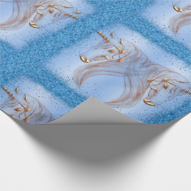 Blue Glitter and Golden Unicorns Birthday  Wrapping Paper (Corner)