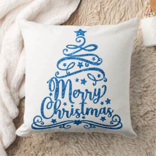 Blue Glitter and White Merry Christmas Tree Cushion