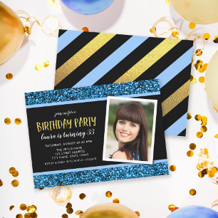 Blue Glitter Any Age Photo Birthday Invitation