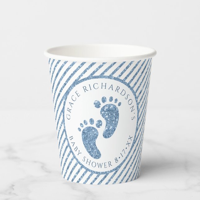 Blue Glitter Baby Feet Baby Shower Personalised  Paper Cups (Back)