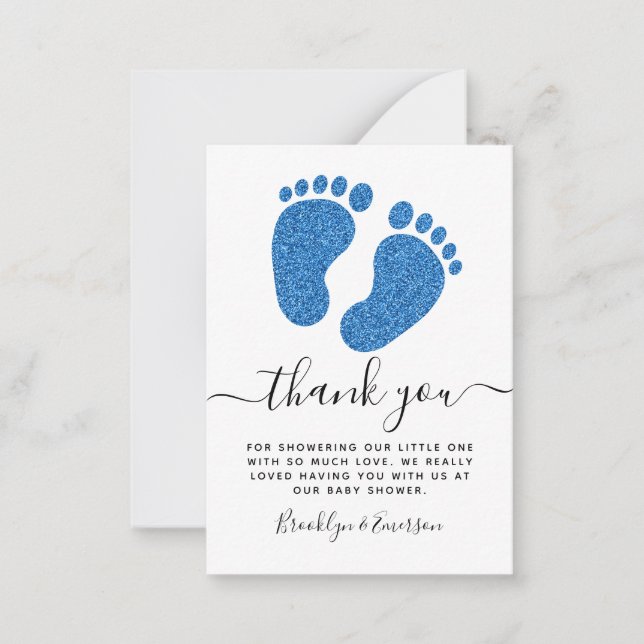 Blue Glitter Baby Feet Baby Shower Thank You  Note Card (Front)