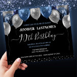 Blue Glitter Balloons 90th Birthday Party Invitation<br><div class="desc">Elegant faux silver and blue glitter balloons on the top border. All text is adjustable and easy to change for your own party needs. Great elegant save the date birthday party template design.  any year,  age can be changed. Elegant modern stylish typography</div>