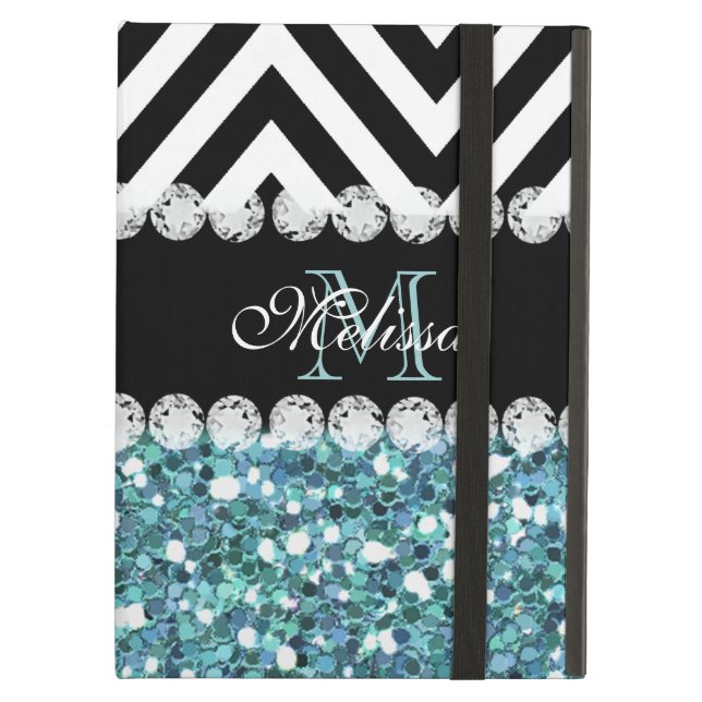 BLUE GLITTER BLACK CHEVRON MONOGRAMMED CASE FOR iPad AIR (Front Closed)
