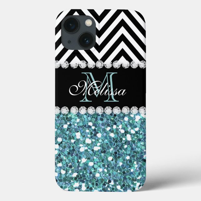 BLUE GLITTER BLACK CHEVRON MONOGRAMMED Case-Mate iPhone CASE (Back)