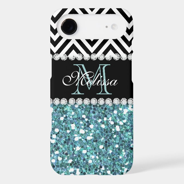 BLUE GLITTER BLACK CHEVRON MONOGRAMMED Case-Mate iPhone CASE (Back)