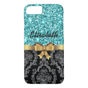 Blue GLITTER  BLACK DAMASK  GOLDEN BOW MONOGRAM iPhone 8/7 Case