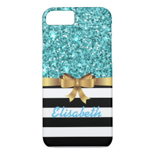 Blue GLITTER  BLACk white stripe GOLD BOW MONOGRAM iPhone 8/7 Case