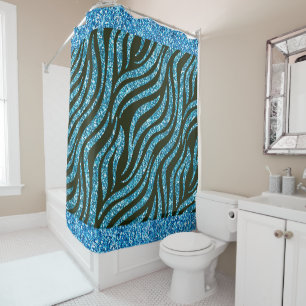 Blue Glitter Black Zebra Skin Pattern Trendy Shower Curtain