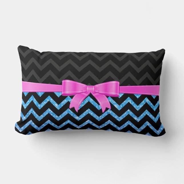 Blue Glitter Black Zigzag Chevron Pattern Lumbar Cushion (Front)