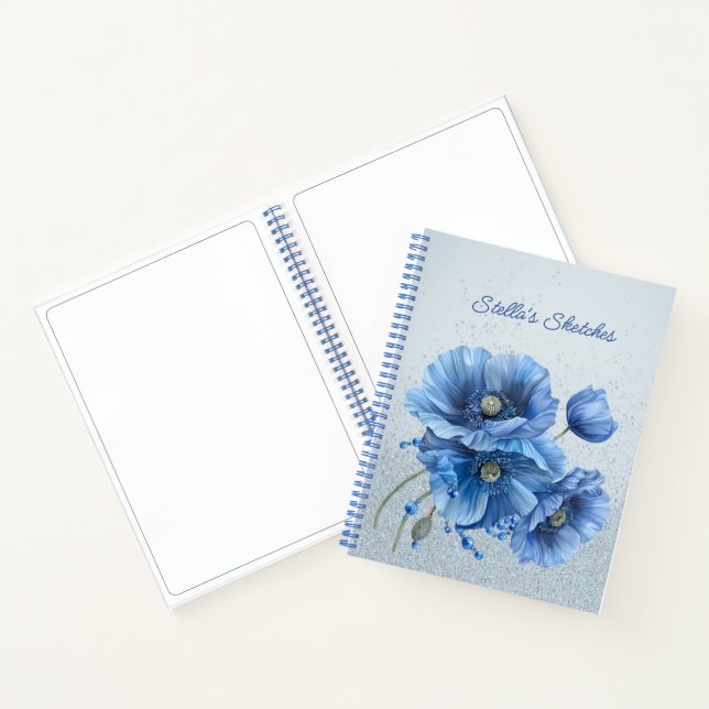 Blue Glitter Blue Poppies Sketchbook Notebook (Inside)