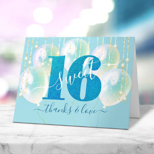 Blue Glitter Bold Girly Sweet 16 Birthday Balloon Thank You Card