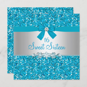 Blue Glitter Bow Sweet Sixteen Invite
