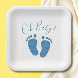 Blue Glitter Boy's Baby Shower  Paper Plate<br><div class="desc">These cute Baby Shower Paper Plates are decorated with blue glitter baby feet and Oh Baby! in stylish typography.</div>