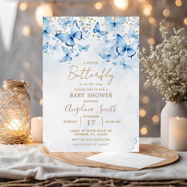Blue Glitter Butterfly Baby Shower Invitation  (Creator Uploaded)