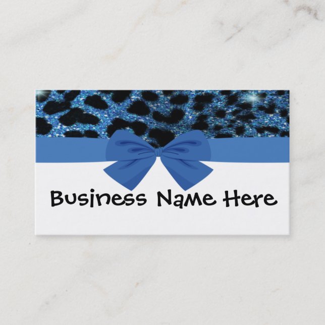 Blue Glitter Cheetah With Bow Business Card (Front)
