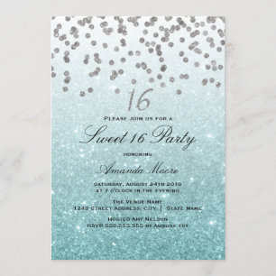 Blue Glitter Confetti Sweet 16 Invitation