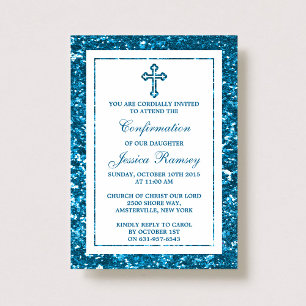 Blue Glitter Cross Holy Communion Or Confirmation Invitation